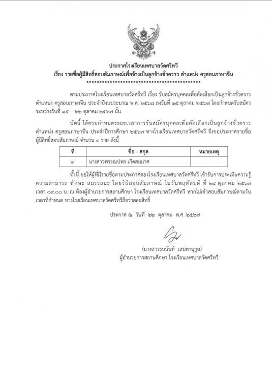 ประกาศรายชื่อผู้มีสิทธิ์สอบสัมภาษณ์เพื่อเป็นลูกจ้างชั่วคราว ตำแหน่ง ครูสอนภาษาจีน